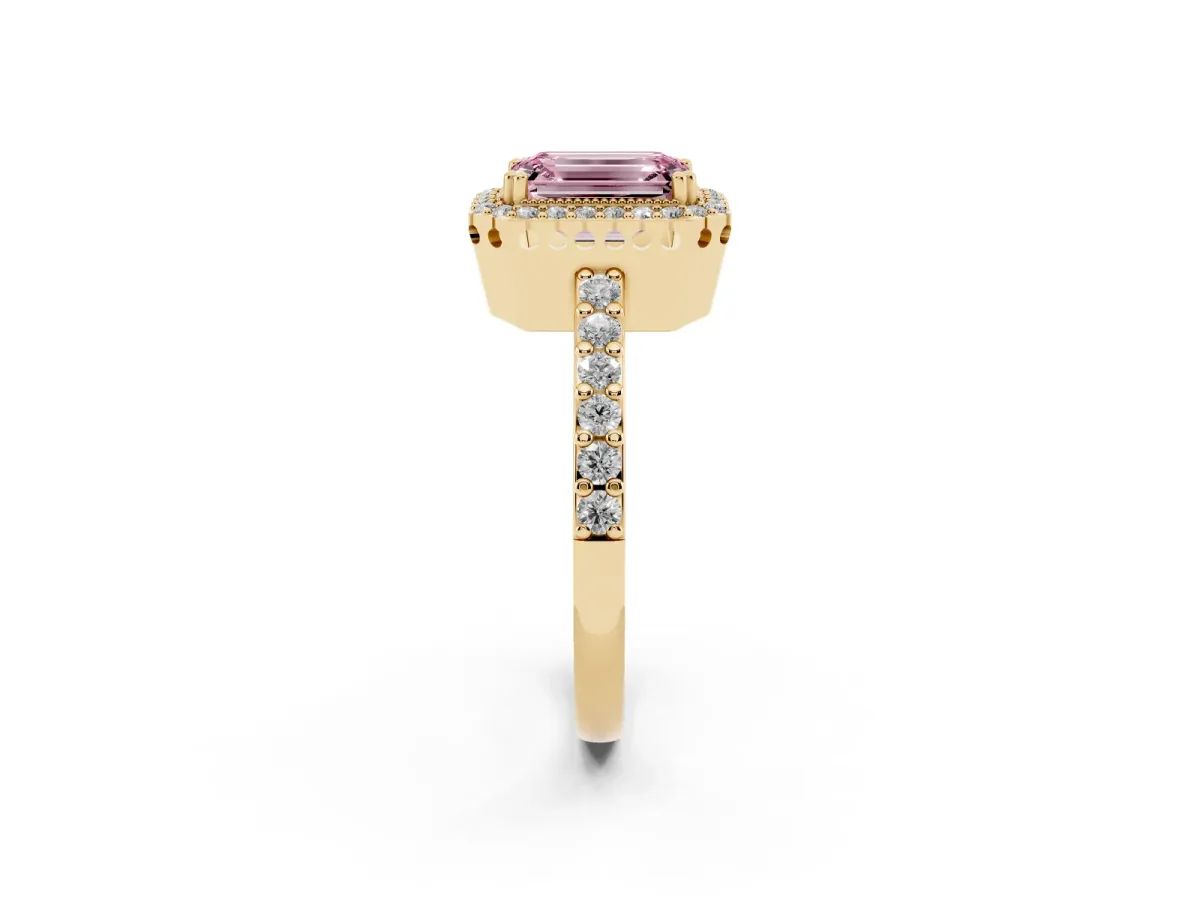 Fancy Pink Emerald Cut Cut Diamond Halo Engagement Ring with Milgrain Detail and Pavé Band Yellow gold