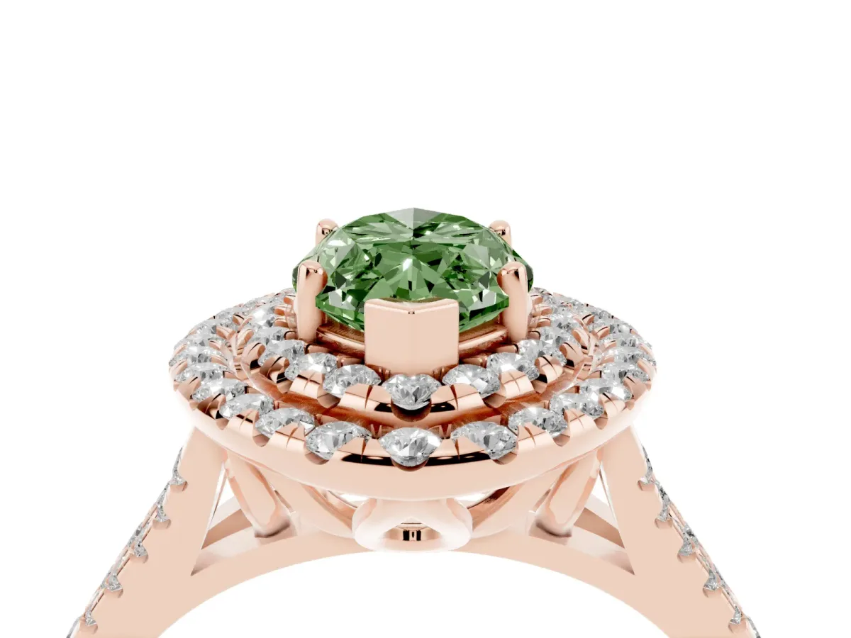 Fancy Green Double Halo Marquise Cut Diamond Pavé Split Shank Ring with Prong Setting Rose gold