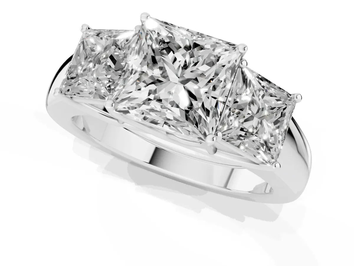 Three-Stone Princess Cut Cut Diamond Ring with Prong Setting and Classic Band Silver