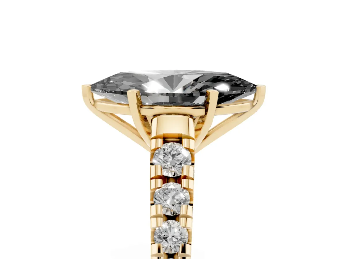 Fancy Black Marquise Cut Diamond Cathedral Solitaire Ring with Round Pavé Band Yellow gold