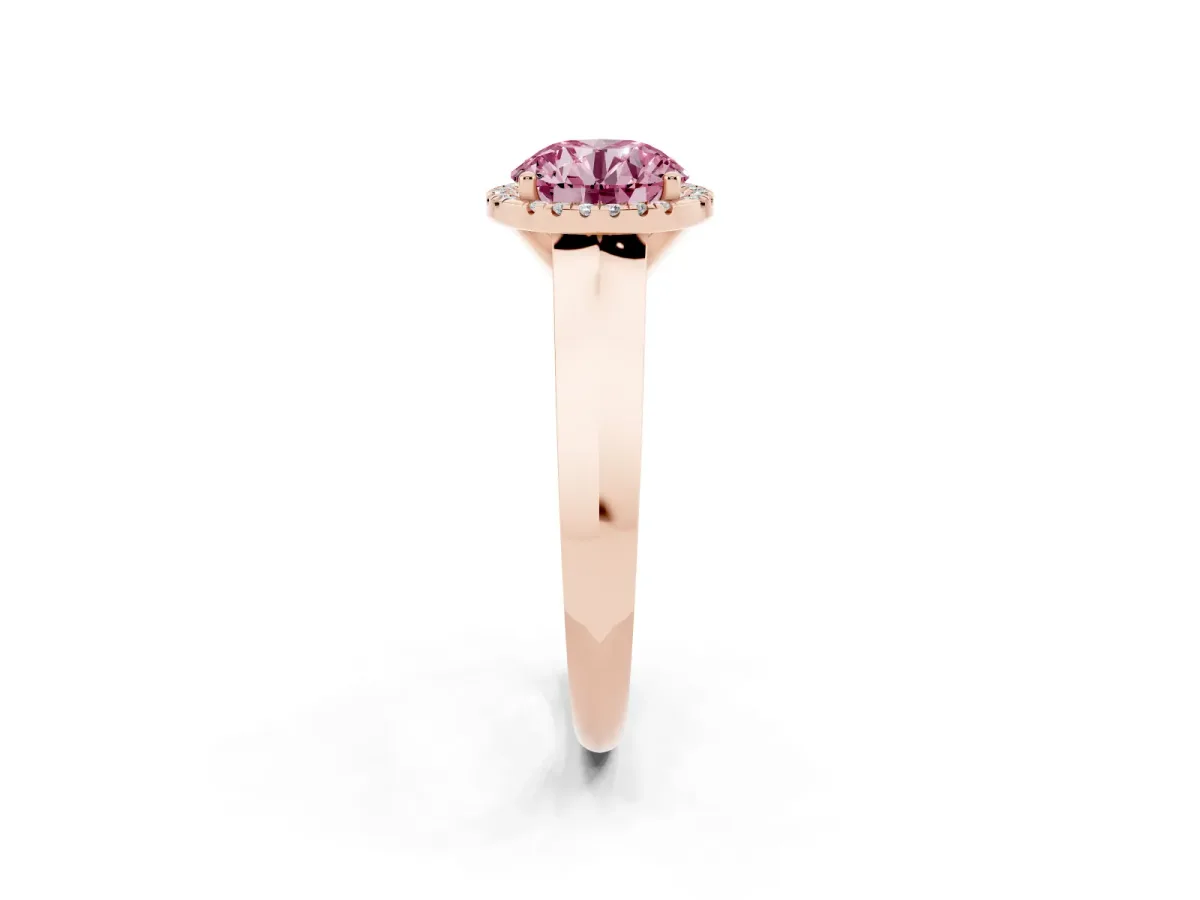 Fancy Pink Round Cut Halo Diamond Ring with Cathedral Band and Four-Prong Setting Rose gold