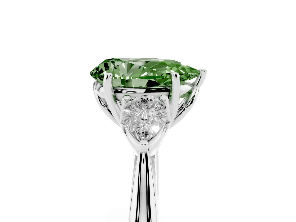 Fancy Green Three-Stone Pear Cut Diamond Ring with Pear Side Stones in Four-Prong Setting Silver