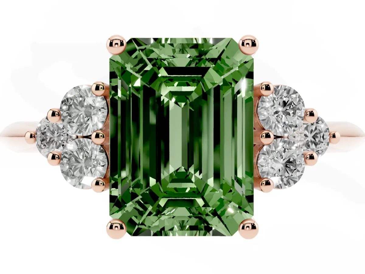 Fancy Green Emerald Cut Cut Diamond Cluster Ring with Solitaire Band and Four-Prong Setting Rose gold
