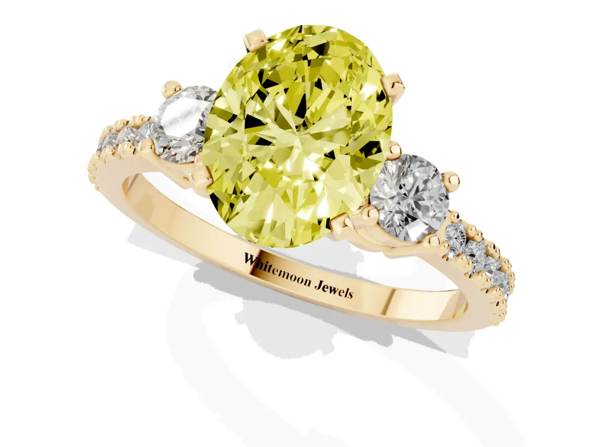 Fancy Yellow Oval Cut Three-Stone Diamond Pavé Band with Prong Setting Yellow gold