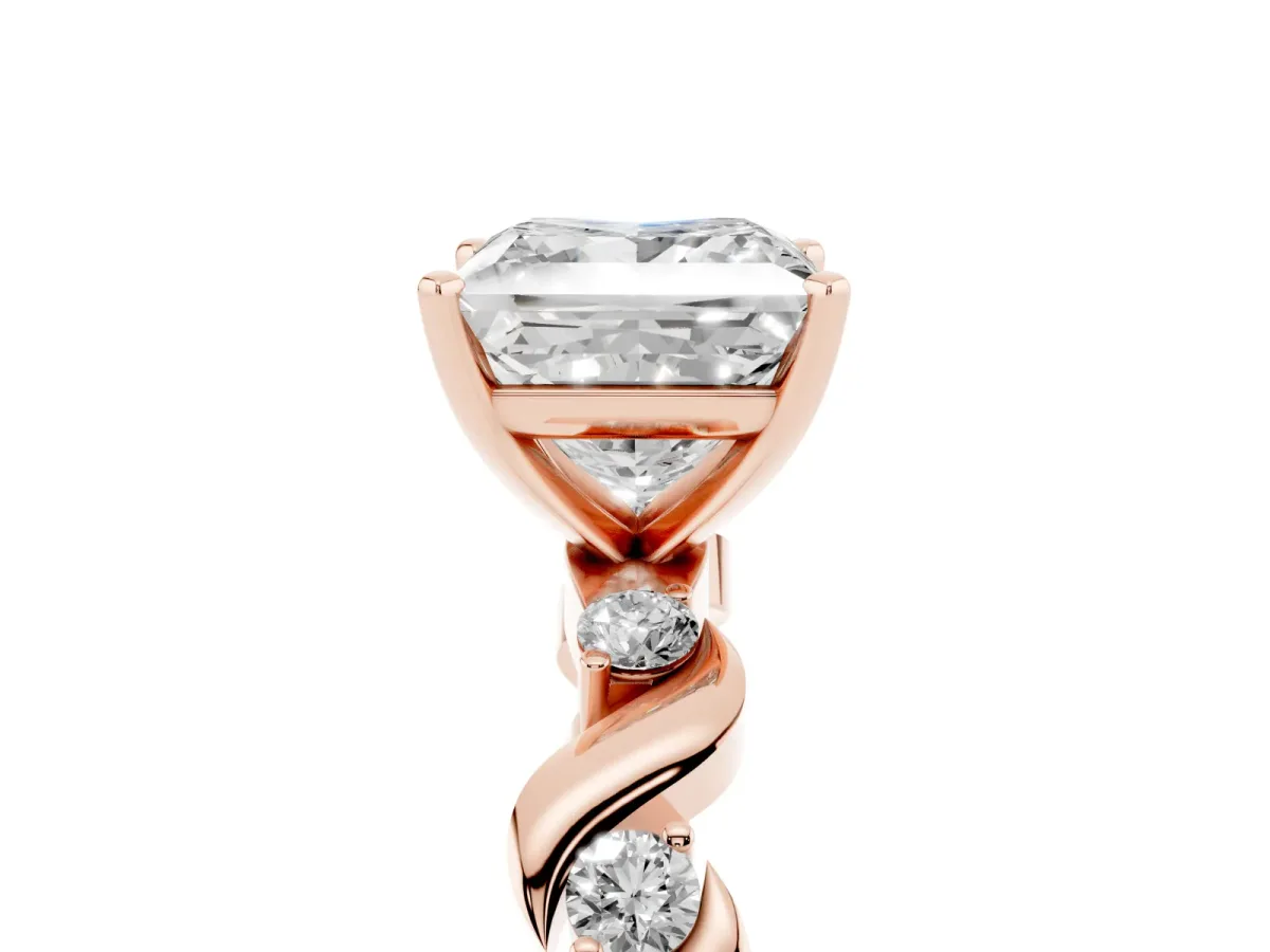 Princess Cut Diamond Solitaire Twisted Band with Round Accents and Prong Setting Rose gold