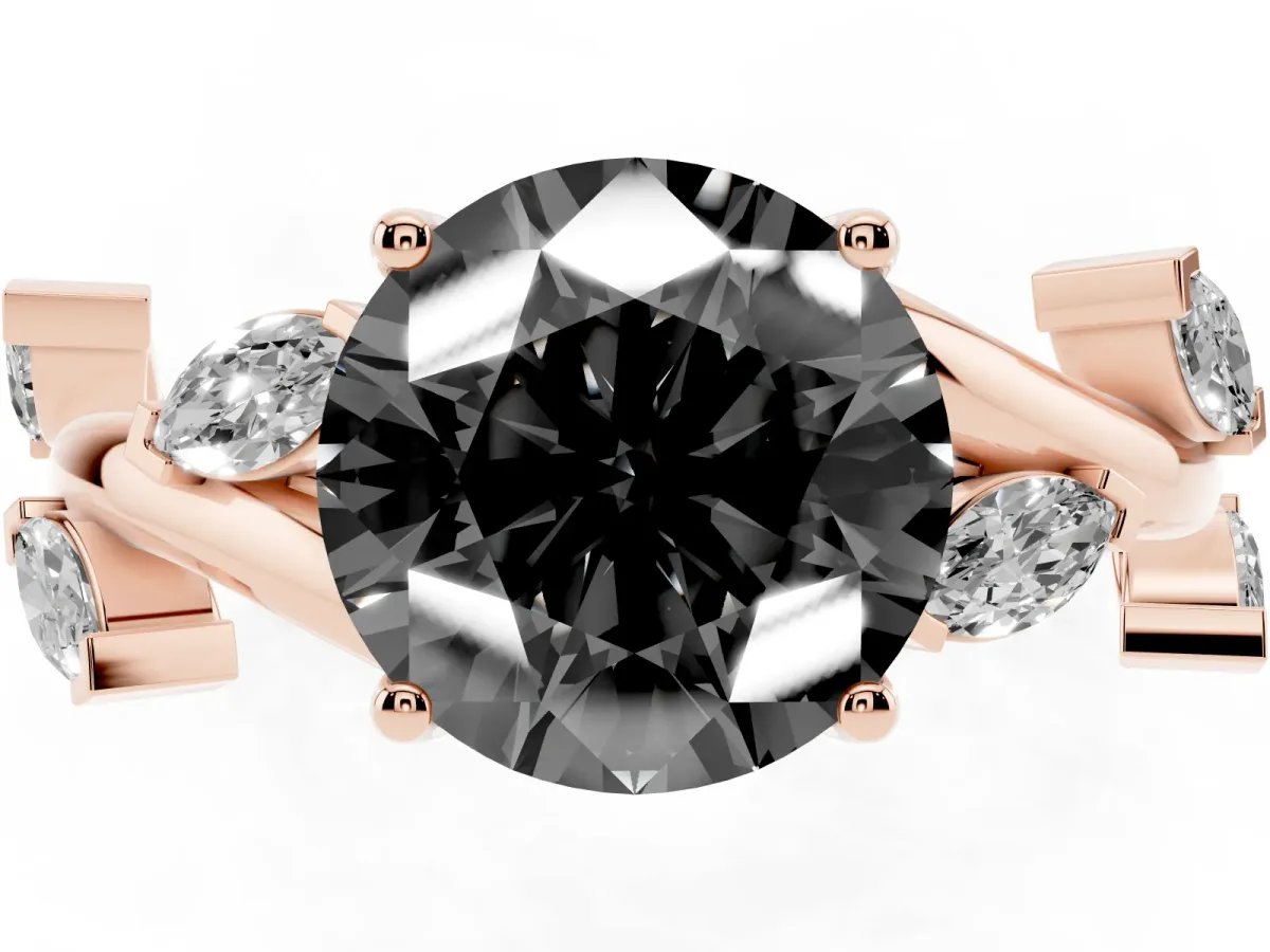 Fancy Black Round Cut Solitaire Twisted Band Marquise Accent Prong Setting Ring Rose gold