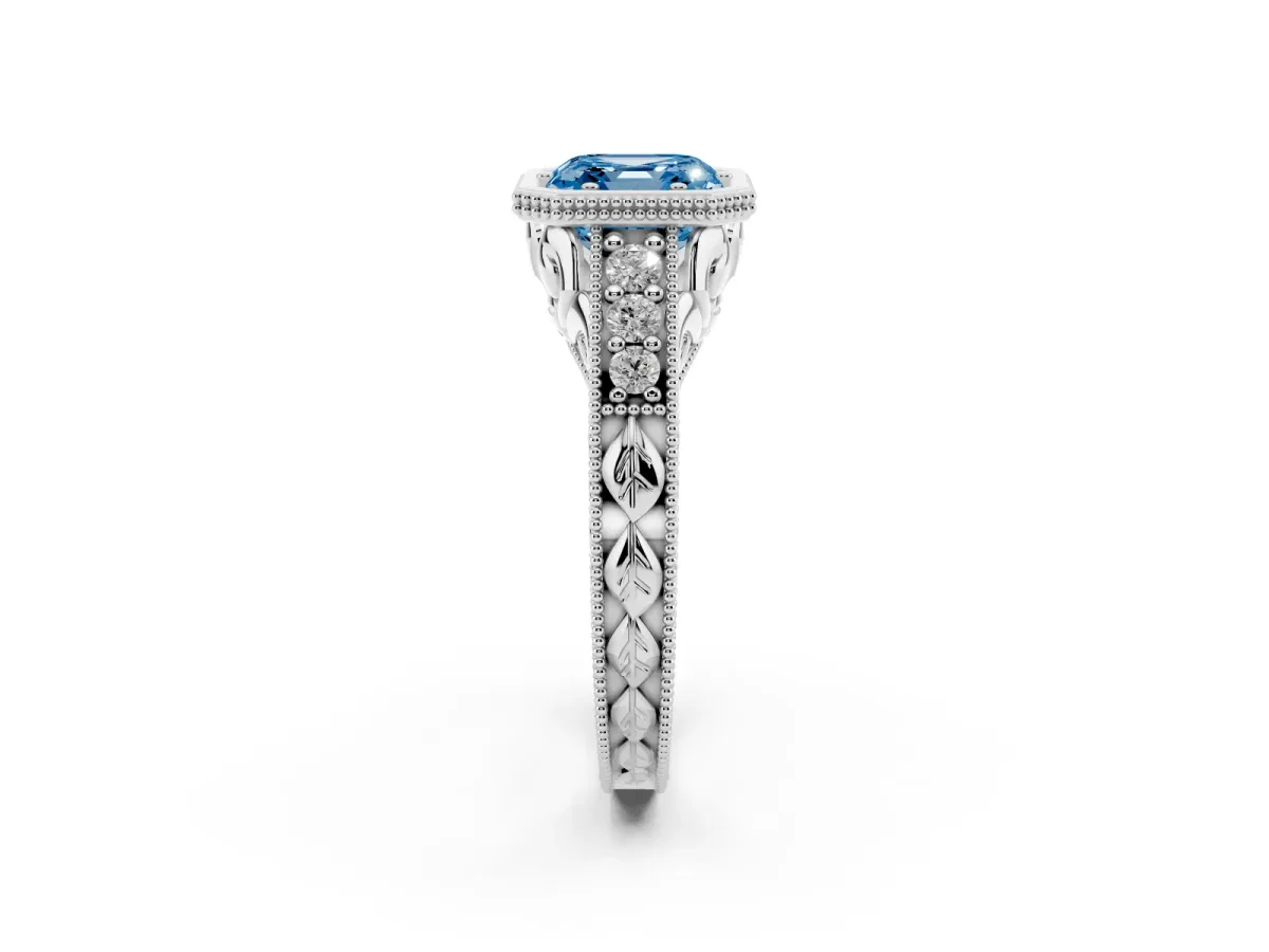 Fancy Blue Bezel Set Asscher Cut Diamond Milgrain Pave Engagement Ring White gold