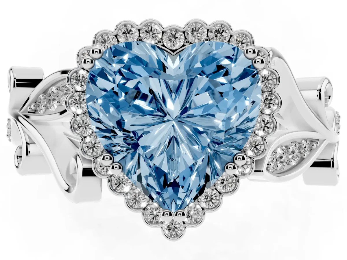 Fancy Blue Heart Cut Diamond Halo Ring with Vintage Split Shank and Four-Prong Setting Silver