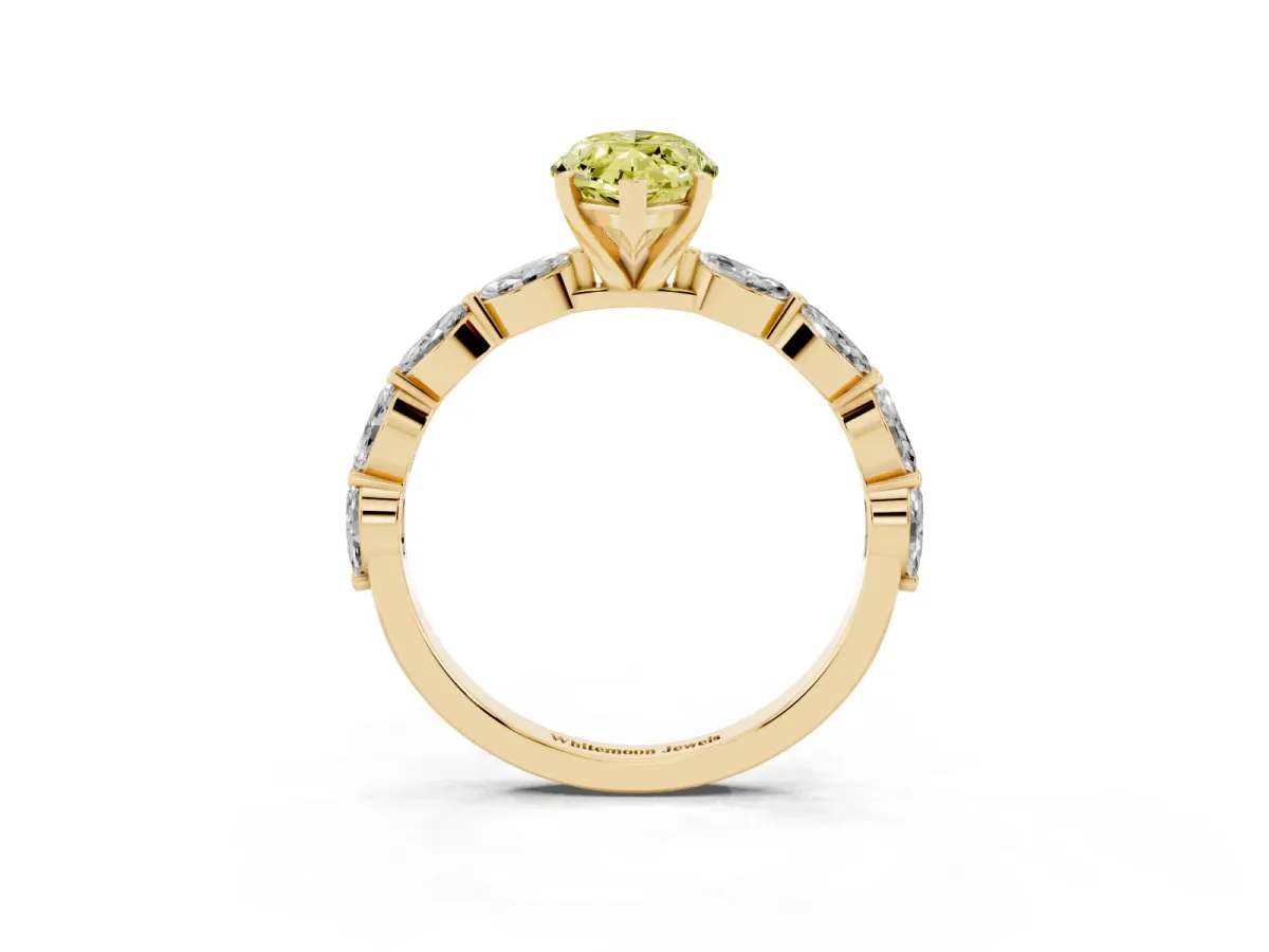 Fancy Yellow Marquise Cut Diamond Ring with Marquise Side Stones and Prong Setting Yellow gold