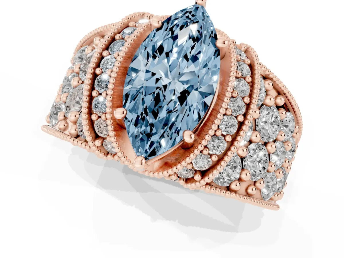 Fancy Blue Marquise Cut Halo Pave Diamond Engagement Ring with Milgrain Detailing Rose gold