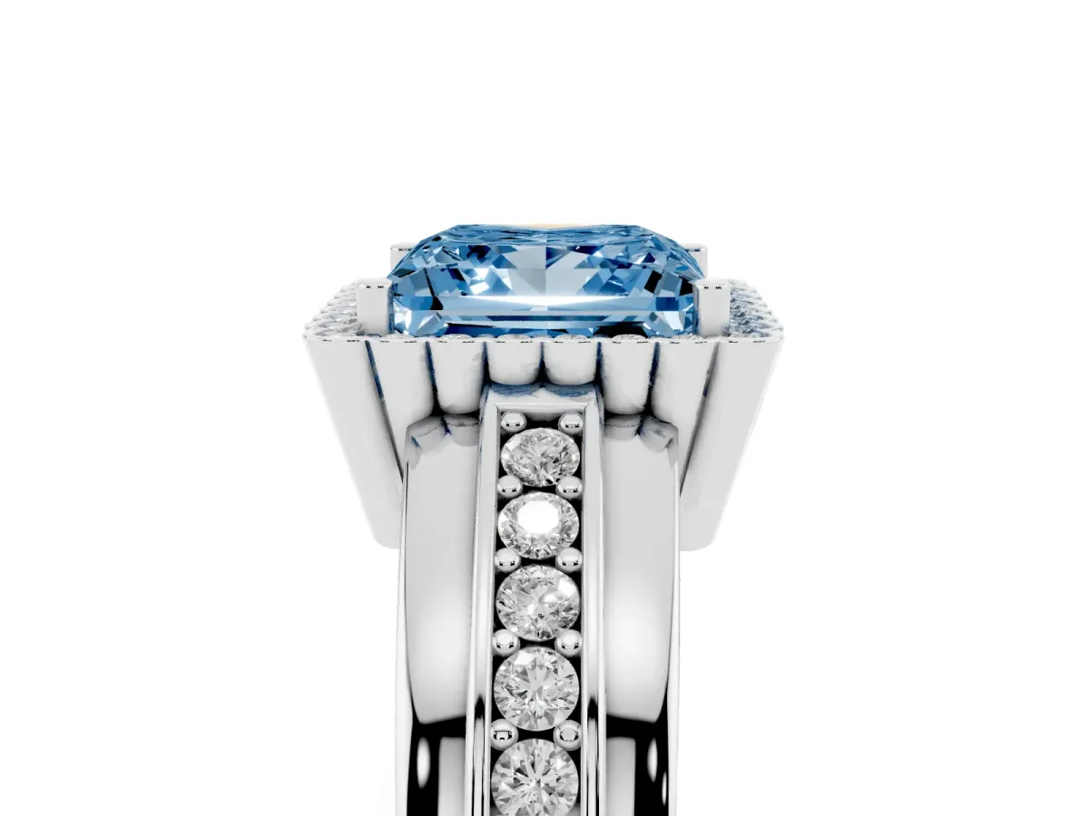 Fancy Blue Princess Cut Cut Halo Pave Band Four-Prong Ring White gold