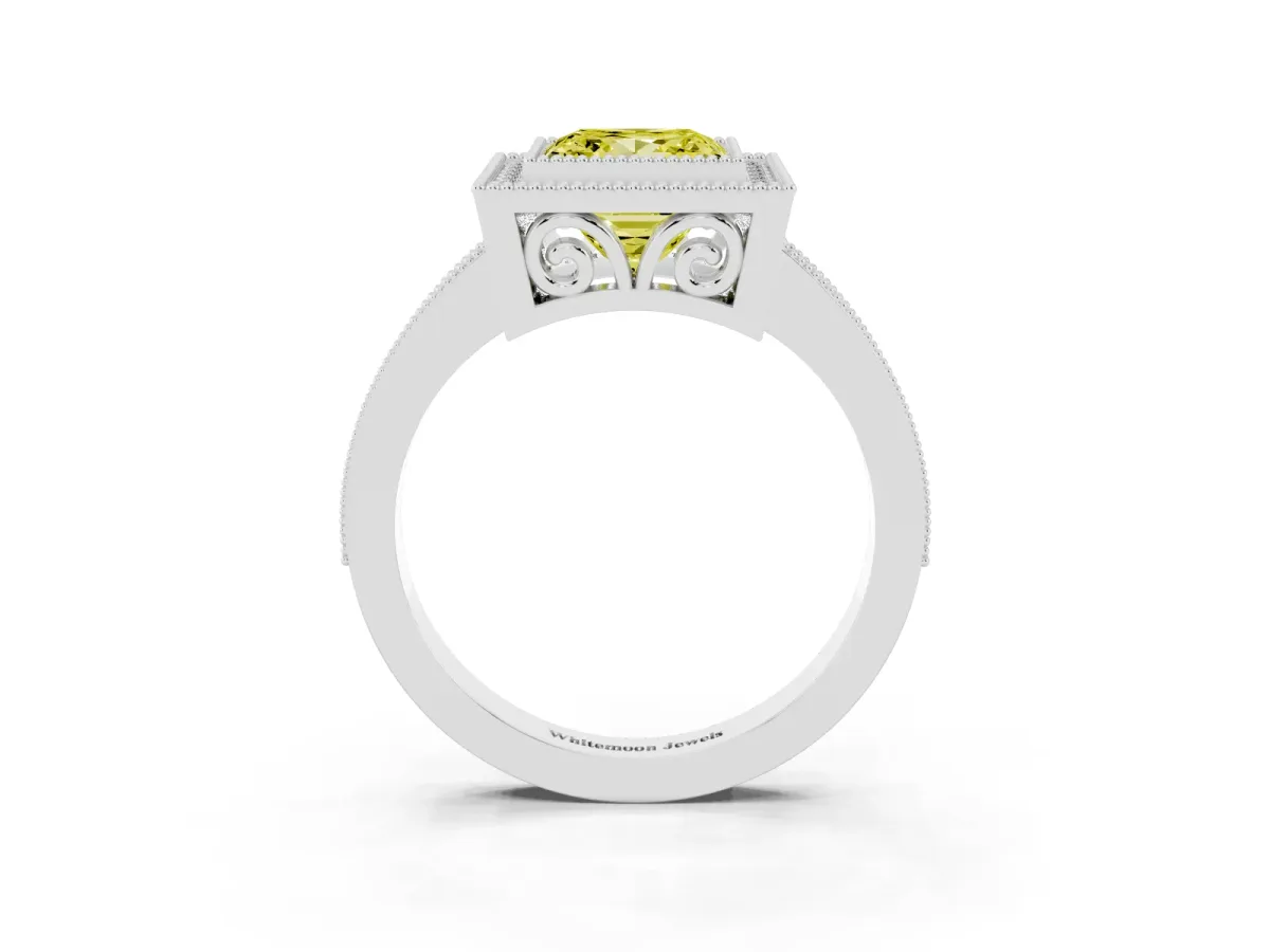 Fancy Yellow Princess Cut Cut Halo Diamond Ring with Pavé Band and Milgrain Prong Setting White gold