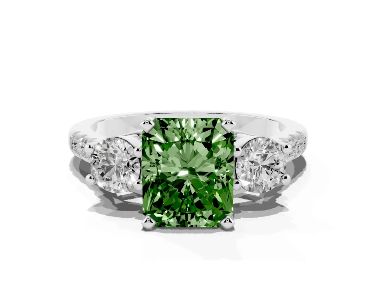Fancy Green Three-Stone Radiant Cut Diamond Pavé Band with Four-Prong Setting Silver
