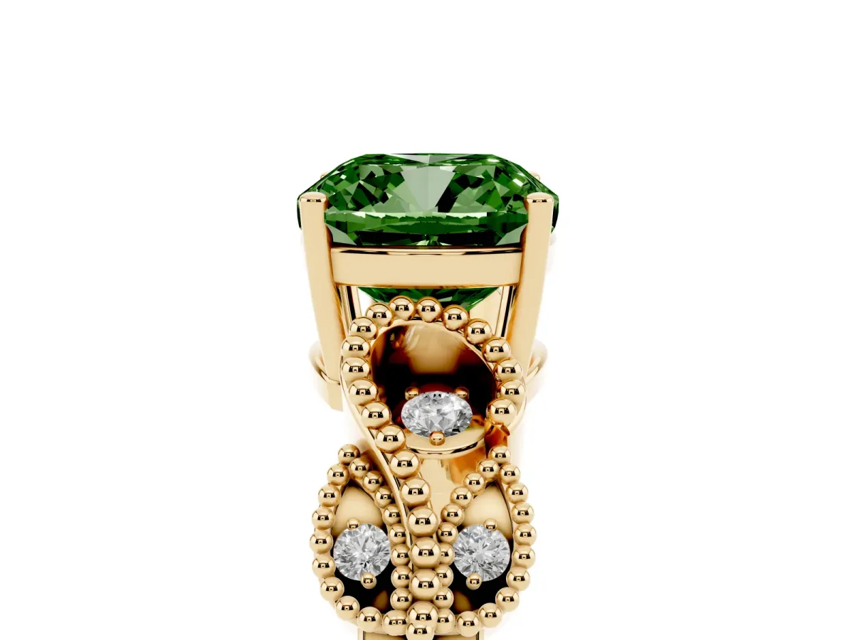 Fancy Green Cushion Cut Solitaire Milgrain Leaf Band with Prong Setting Yellow gold