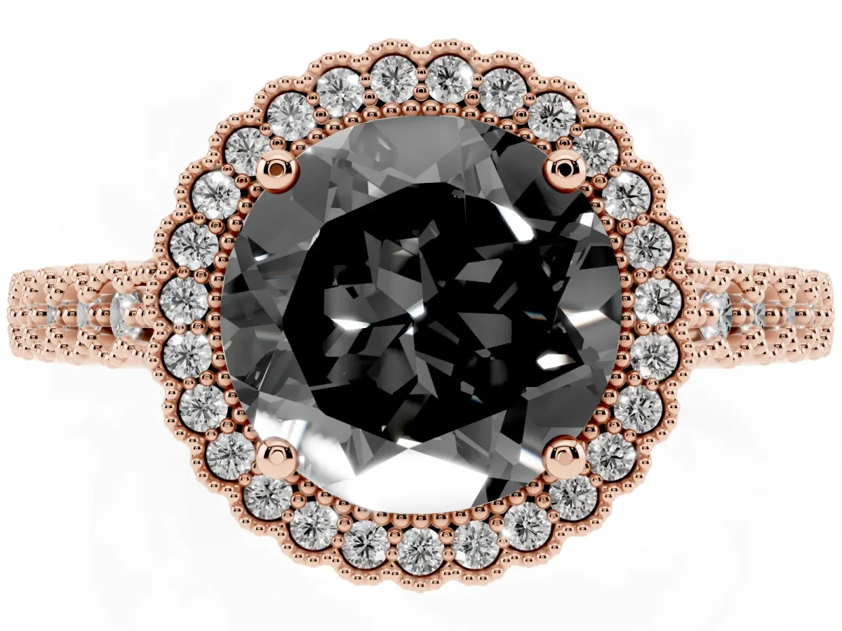 Fancy Black Round Cut Cut Halo Pavé Solitaire Ring with Milgrain Band Rose gold