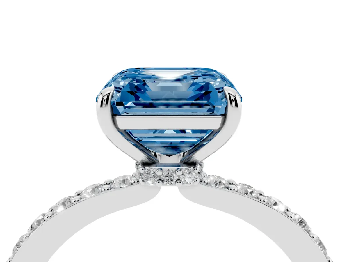 Fancy Blue Asscher Cut Diamond Solitaire Engagement Ring with Pavé Band and Four-Prong Setting Platinum