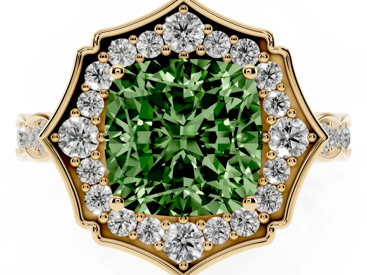 Fancy Green Cushion Cut Halo Diamond Engagement Ring with Milgrain Band and Four-Prong Setting Yellow gold