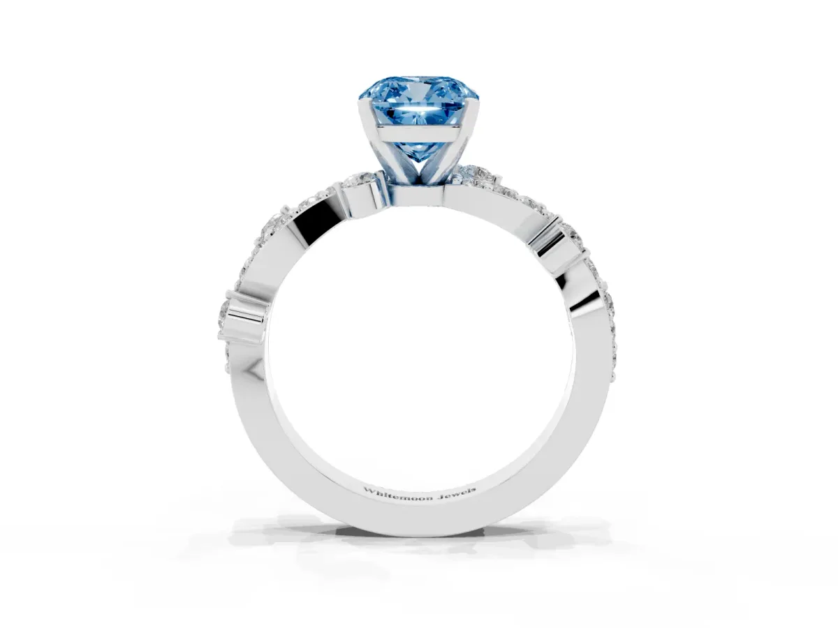 Fancy Blue Cushion Cut Cut Solitaire Diamond Twisted Band with Pave Setting White gold