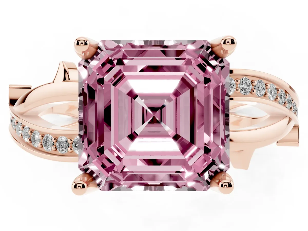 Fancy Pink Asscher Cut Solitaire Twist Band with Pavé Accents and Four-Prong Setting Rose gold