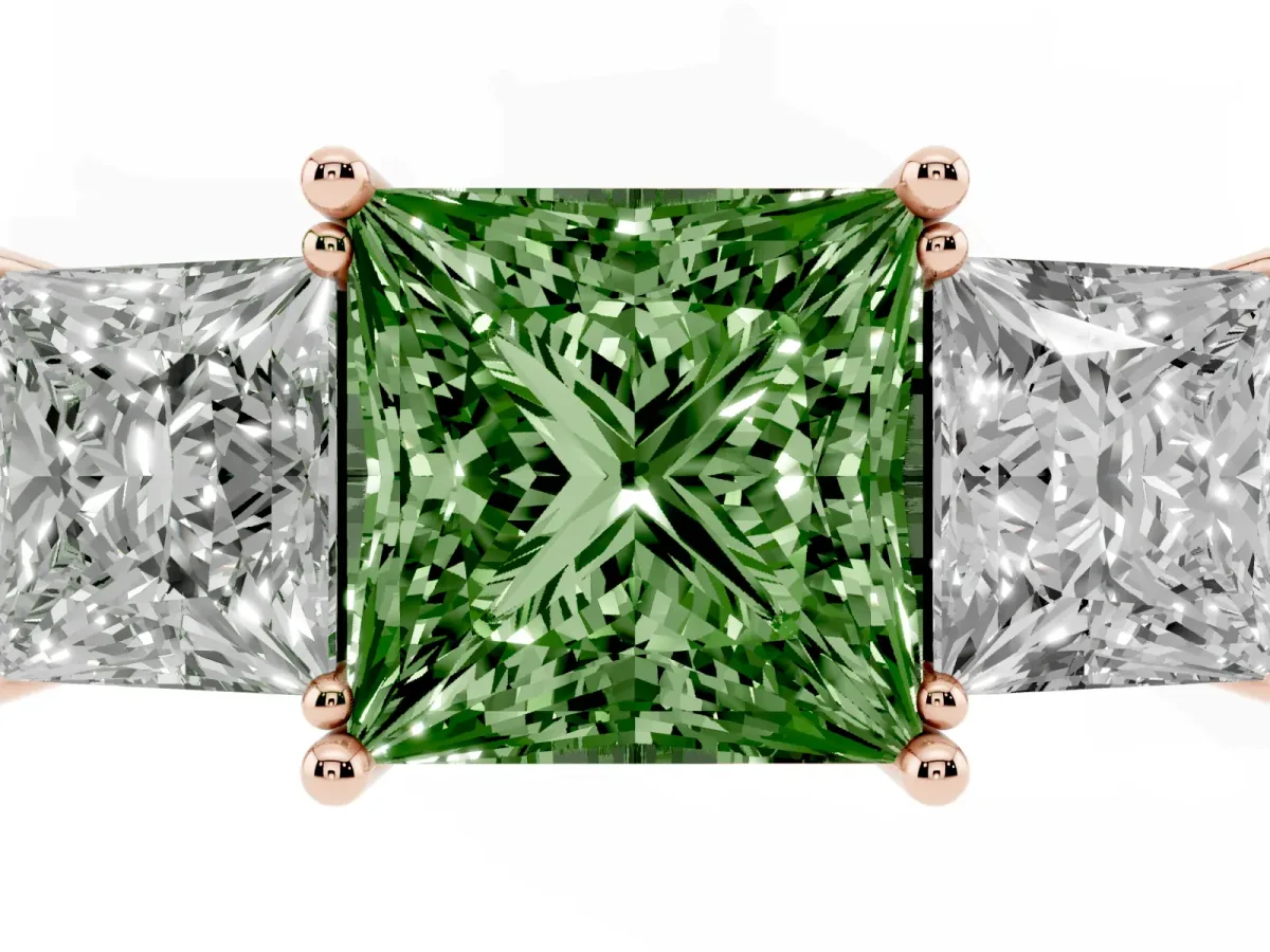 Fancy Green Three-Stone Princess Cut Cut Diamond Engagement Ring with Prong Setting on a White Gold Band Rose gold