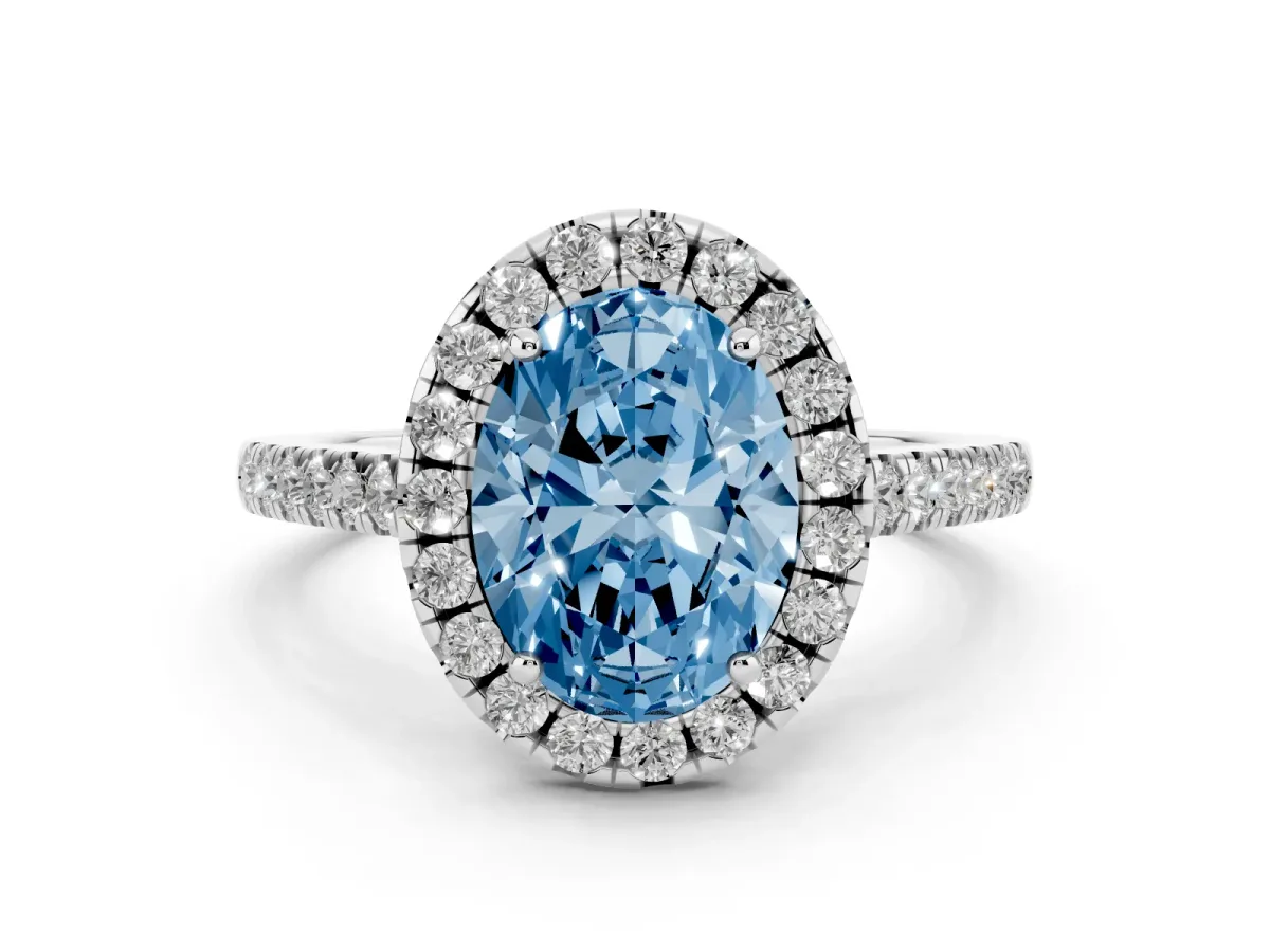 Fancy Blue Oval Cut Halo Pavé Diamond Engagement Ring with Four-Prong Setting White gold