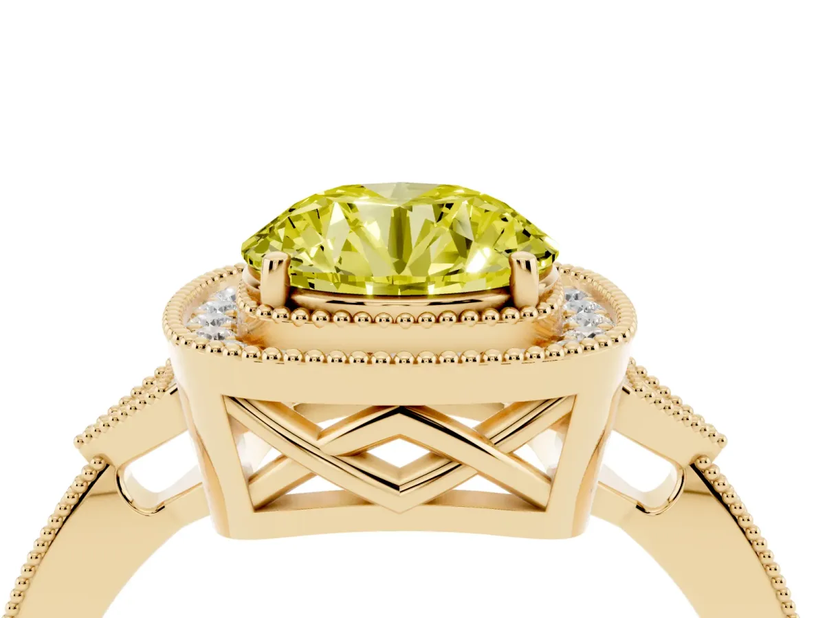 Fancy Yellow Round Cut Halo Round Diamond Milgrain Pave Engagement Ring Yellow gold