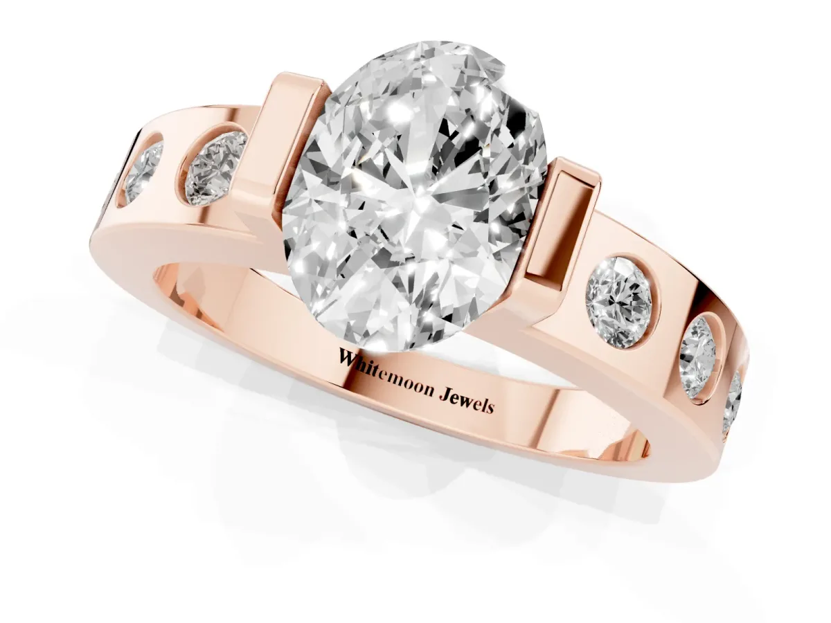 Oval Cut Brilliant Channel-Set Diamond Ring with Bezel Prong Setting Rose gold