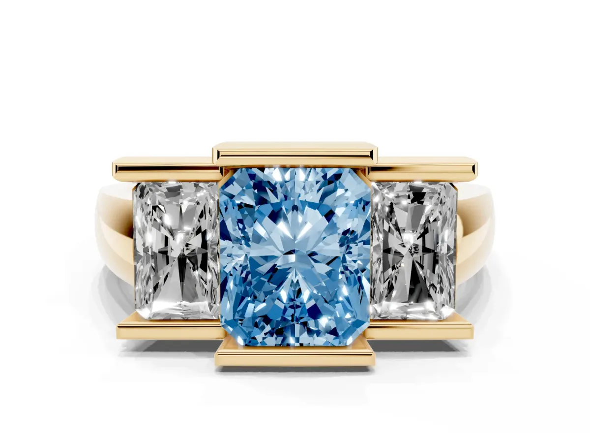 Fancy Blue Three Stone Radiant Cut Cut Channel Set Diamond Ring Yellow gold