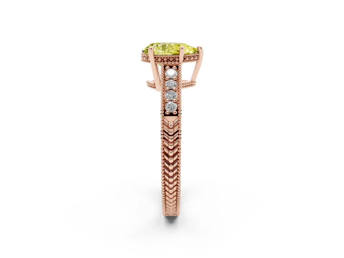 Fancy Yellow Pear Cut Solitaire Pavé Diamond Milgrain Engagement Ring with Four-Prong Setting Rose gold