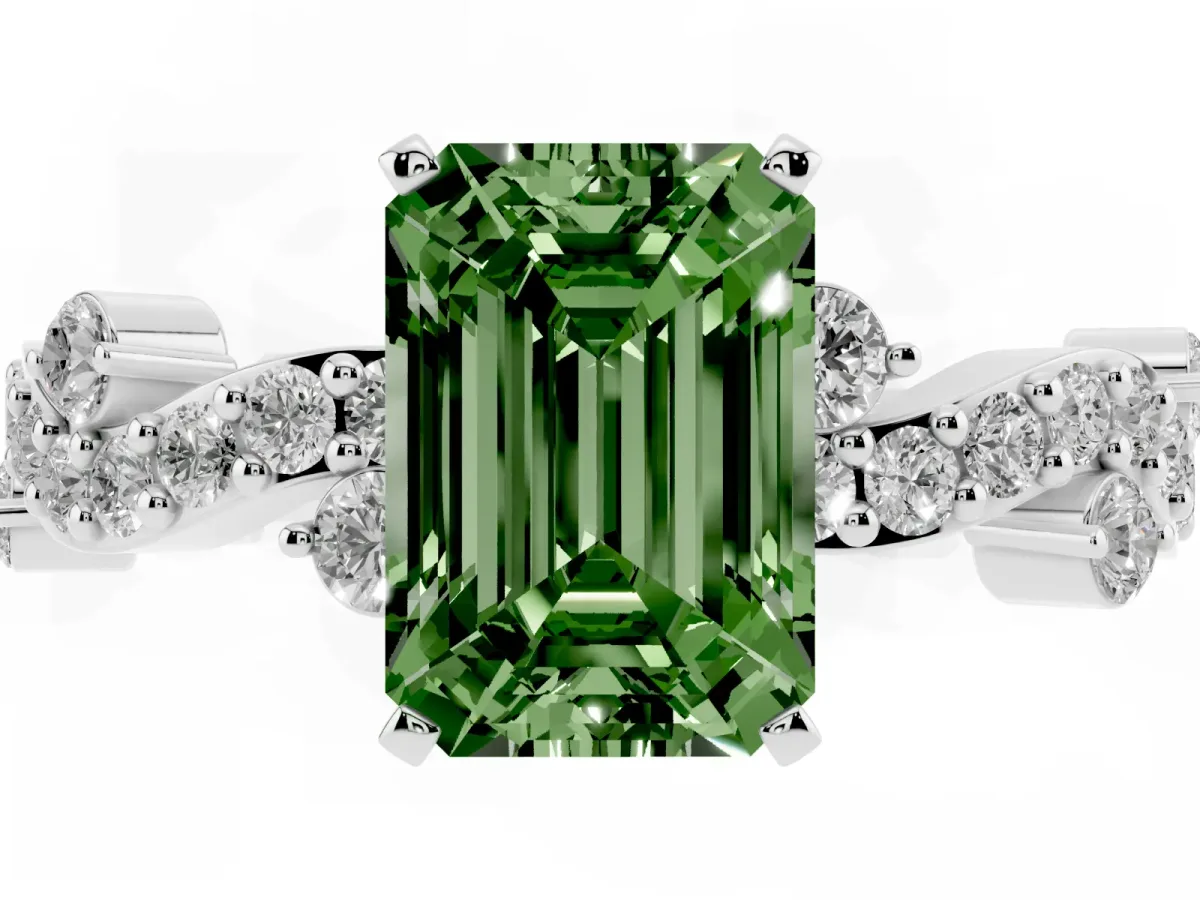 Fancy Green Emerald Cut Cut Solitaire Diamond Twisted Band with Pave Setting Platinum