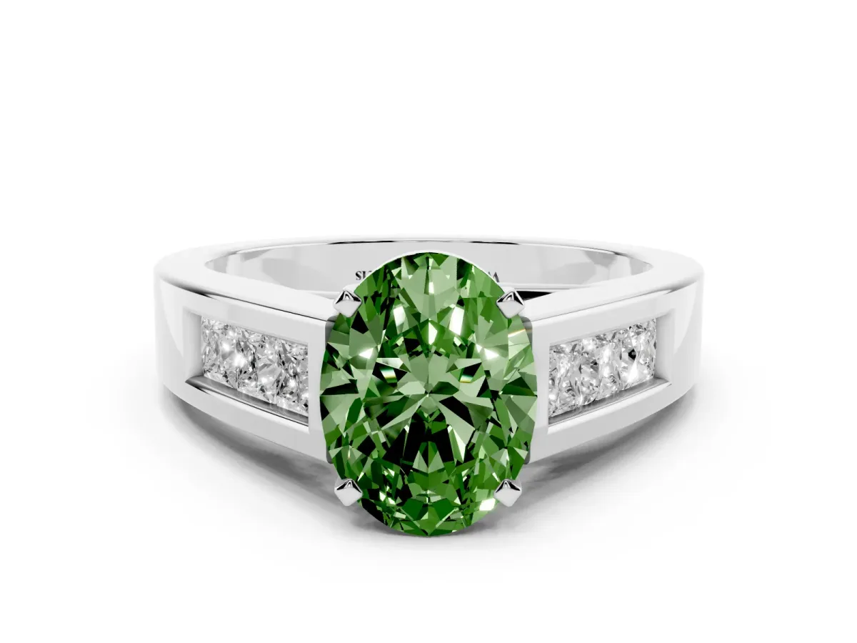 Fancy Green Oval Cut Cut Channel Set Solitaire Ring with Four-Prong Setting Silver