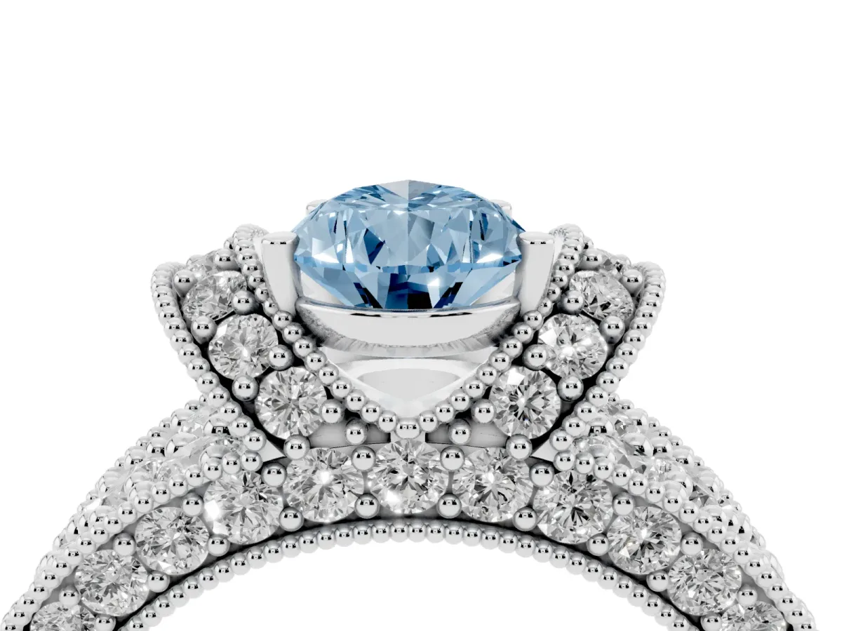 Fancy Blue Pear Cut Halo Pave Diamond Engagement Ring with Milgrain Detailing Platinum