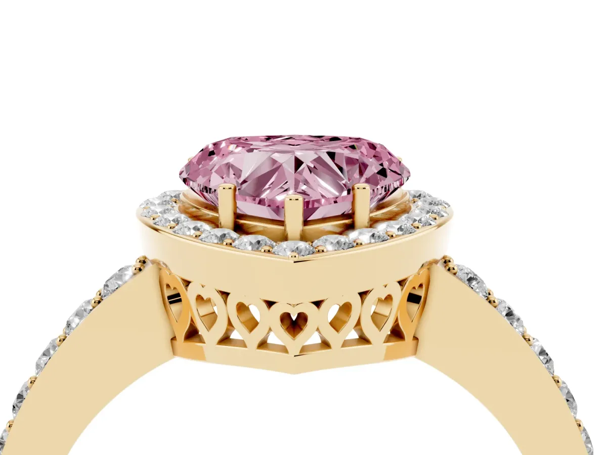 Fancy Pink Heart Cut Halo Diamond Pavé Band Ring with Prong Setting Yellow gold