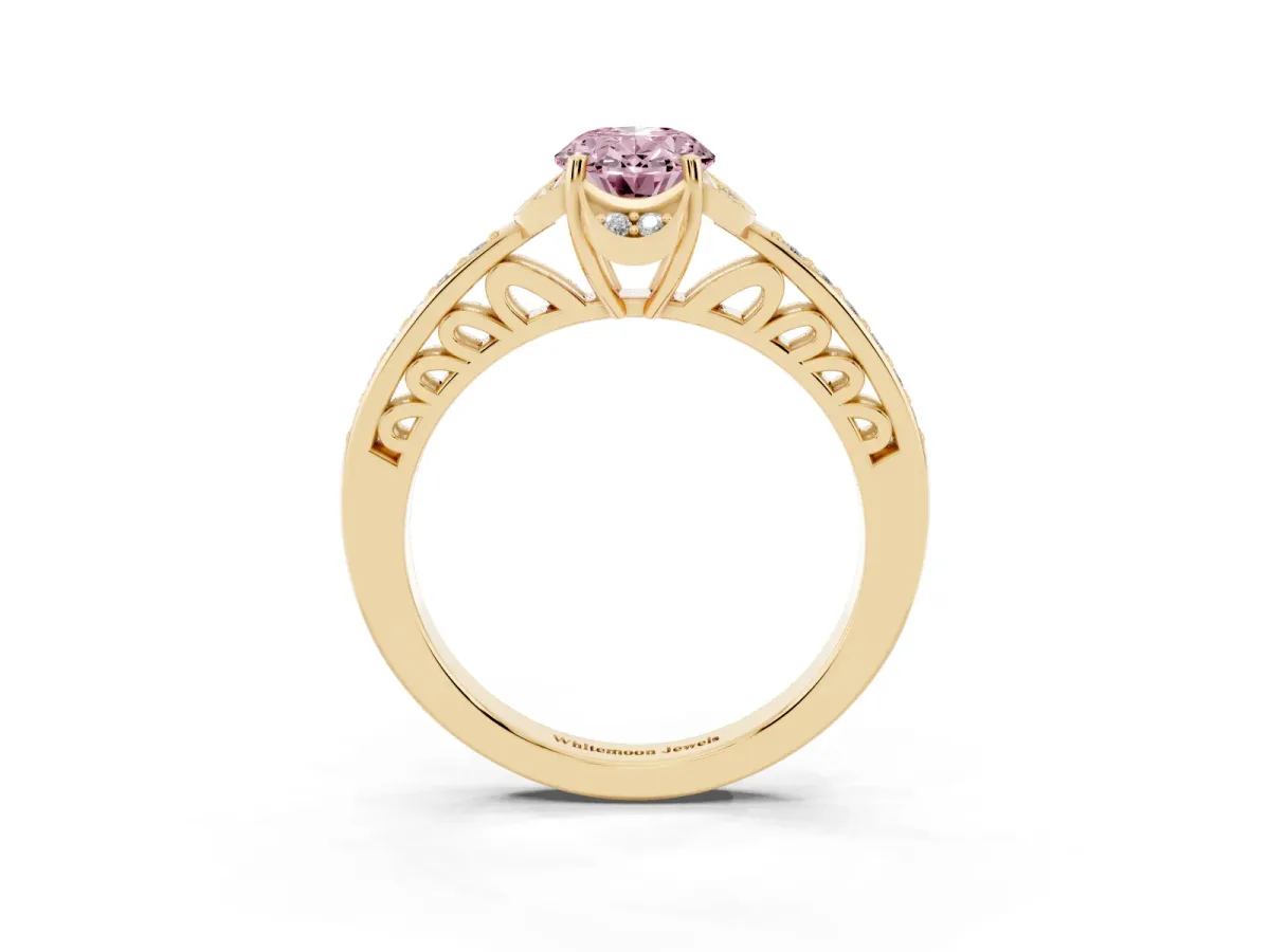 Fancy Pink Oval Cut Cut Halo Diamond Ring with Channel Set Band and Four-Prong Setting Yellow gold