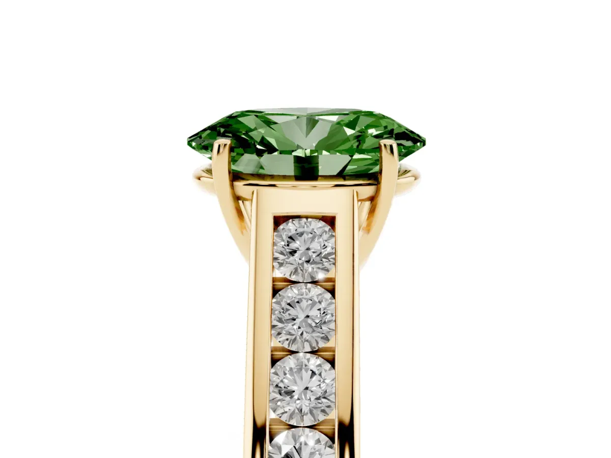 Fancy Green Oval Cut Brilliant Channel-Set Solitaire Ring with Four-Prong Setting Yellow gold