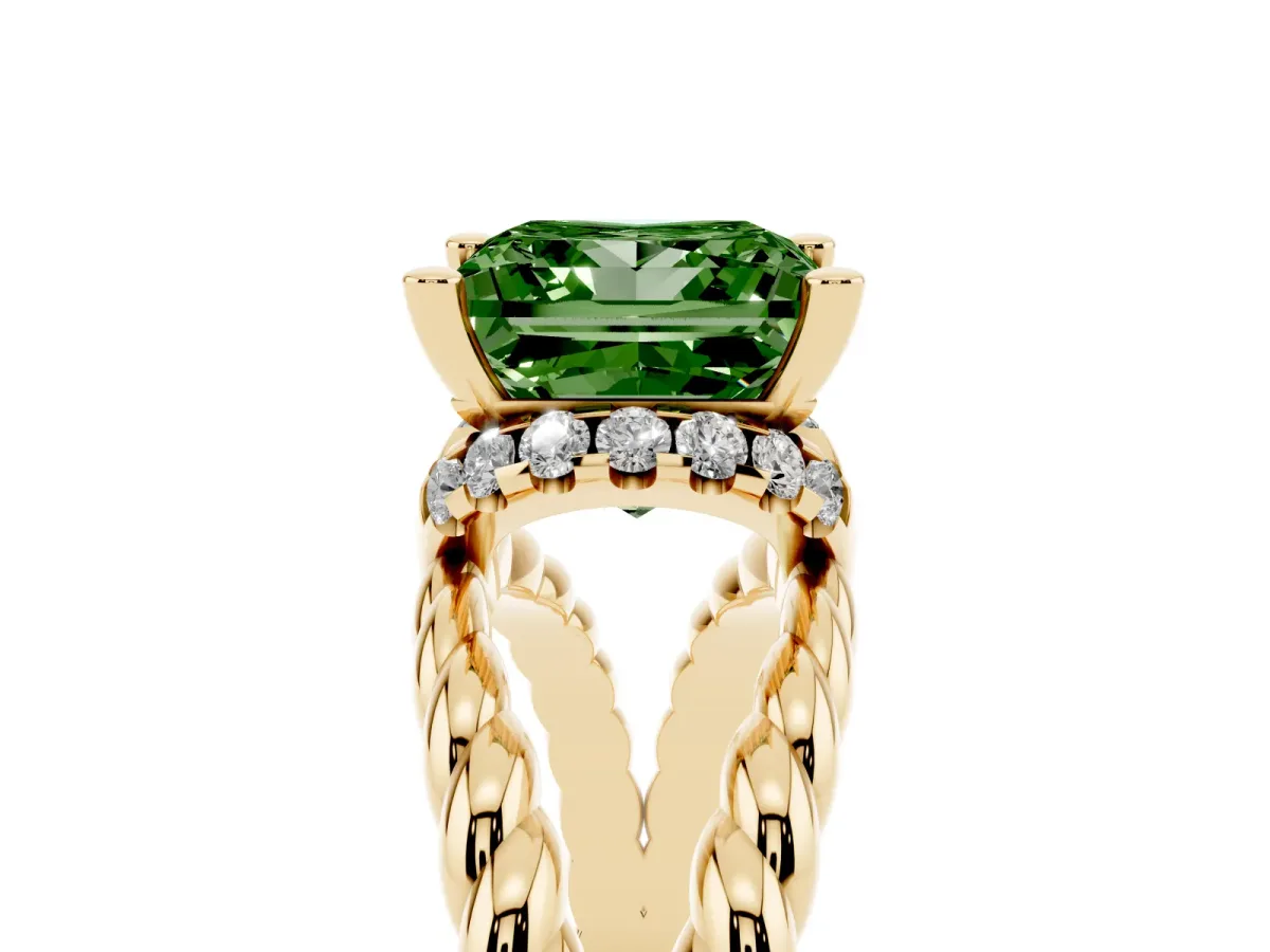 Fancy Green Princess Cut Halo Twisted Band Four-Prong Ring Yellow gold