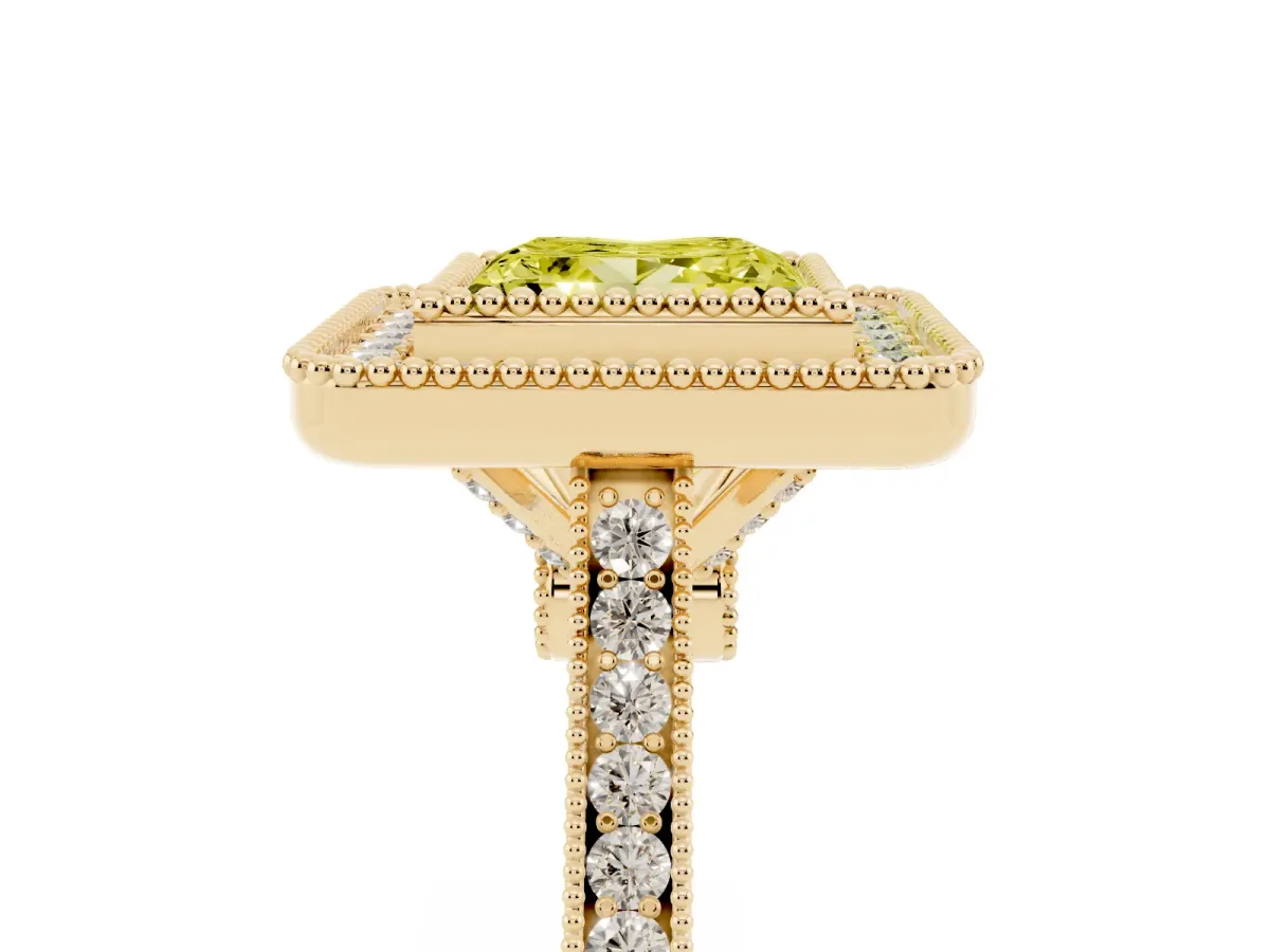 Fancy Yellow Princess Cut Diamond Halo Ring with Milgrain Frame and Pavé Band Yellow gold