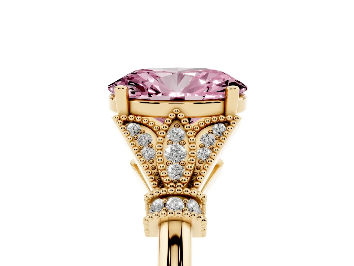 Fancy Pink Oval Cut Diamond Solitaire Ring with Floral Filigree and Pave Accents Yellow gold