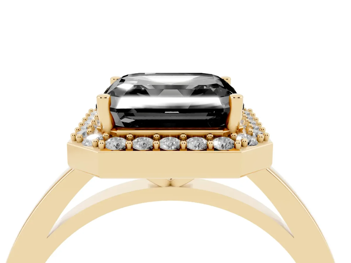 Fancy Black Asscher Cut Halo Diamond Ring with Solitaire Band and Prong Setting Yellow gold