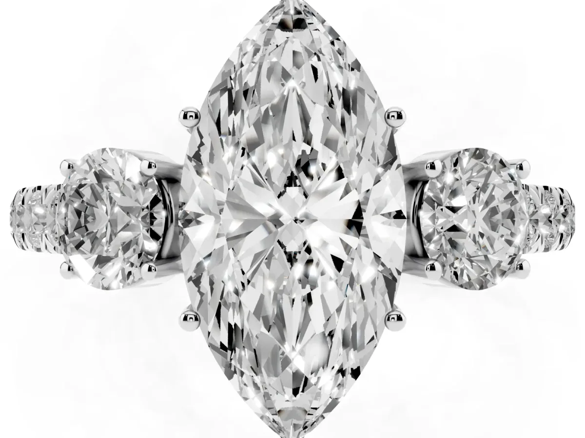 Marquise Cut Cut Diamond Three-Stone Ring with Round Side Stones and Pavé Band Silver