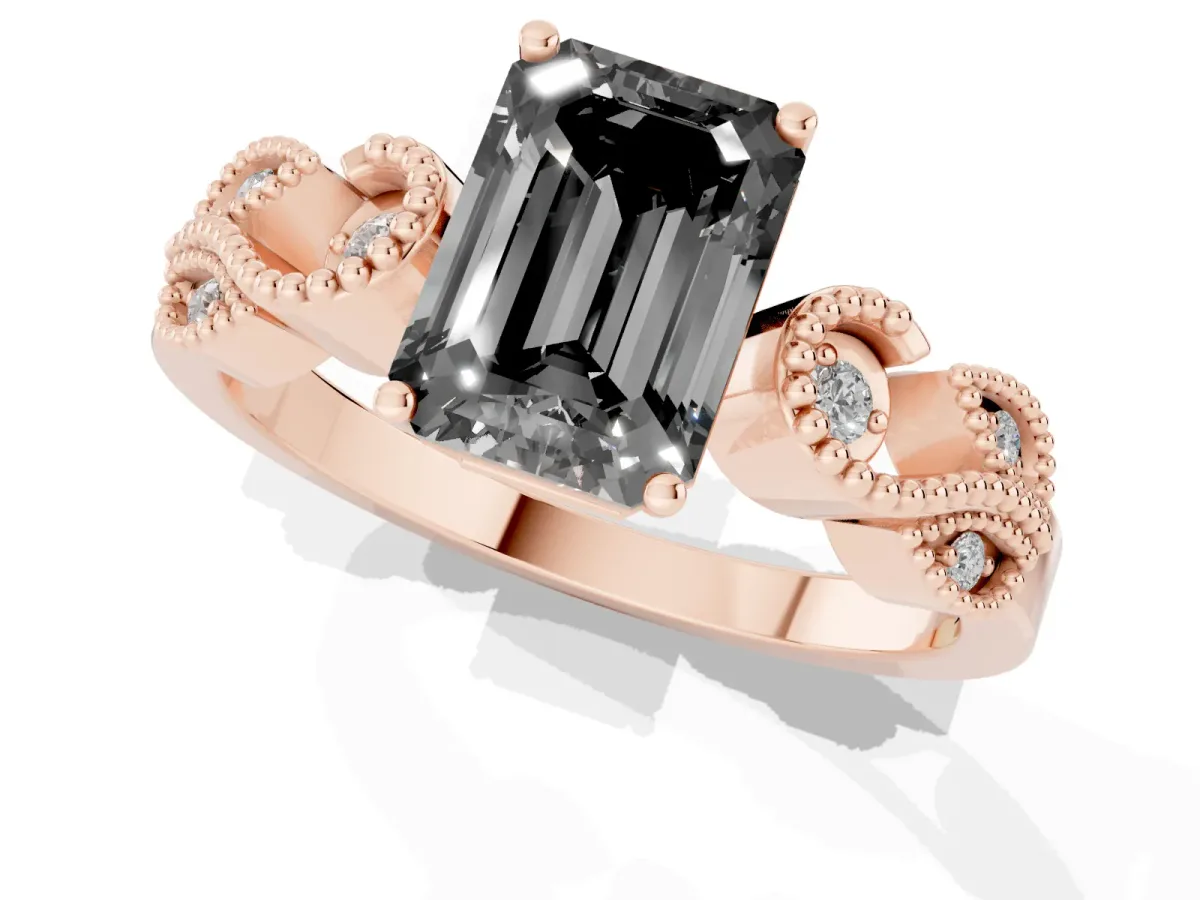 Fancy Black Emerald Cut Solitaire Milgrain Leaf Band with Prong Setting Rose gold