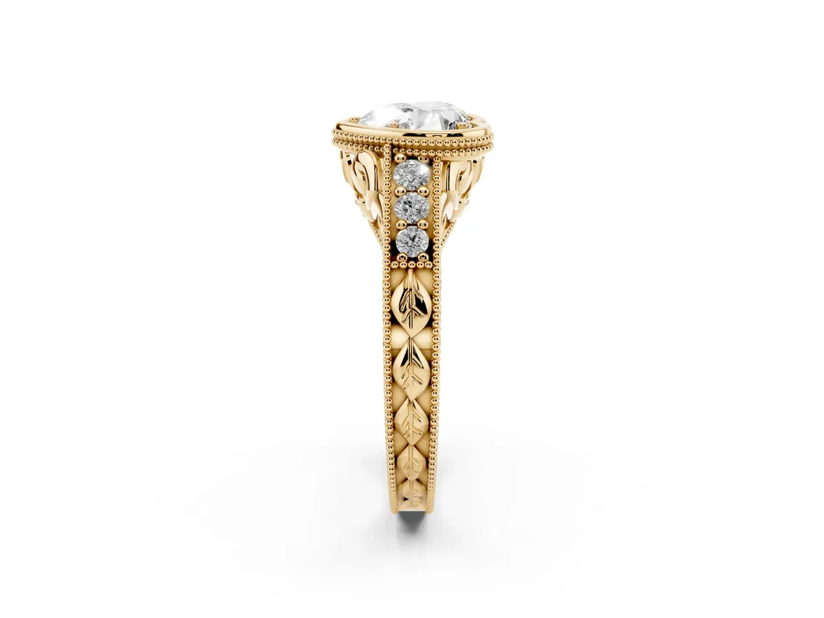 Bezel Set Heart Cut Diamond Milgrain Pave Engagement Ring Yellow gold