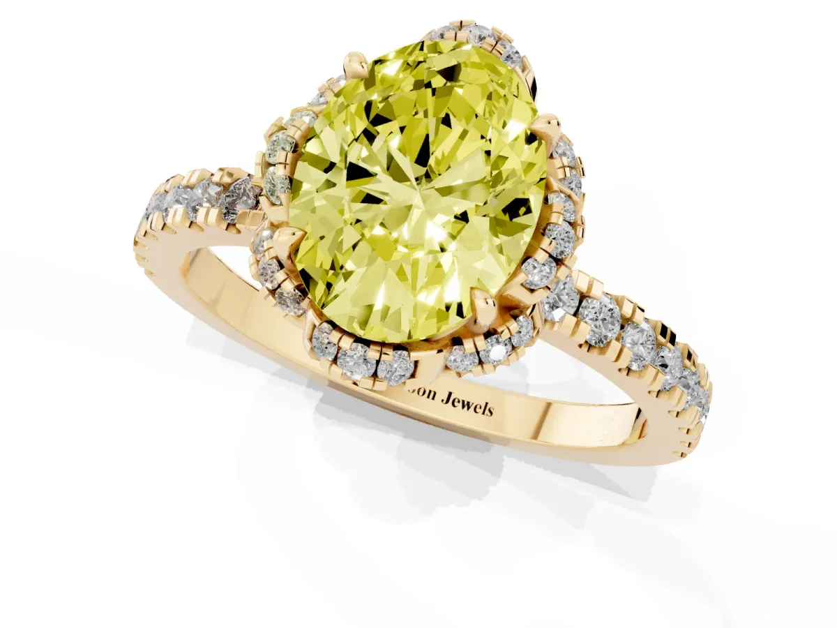 Fancy Yellow Oval Cut Halo Diamond Pave Band Ring with Four-Prong Setting Yellow gold