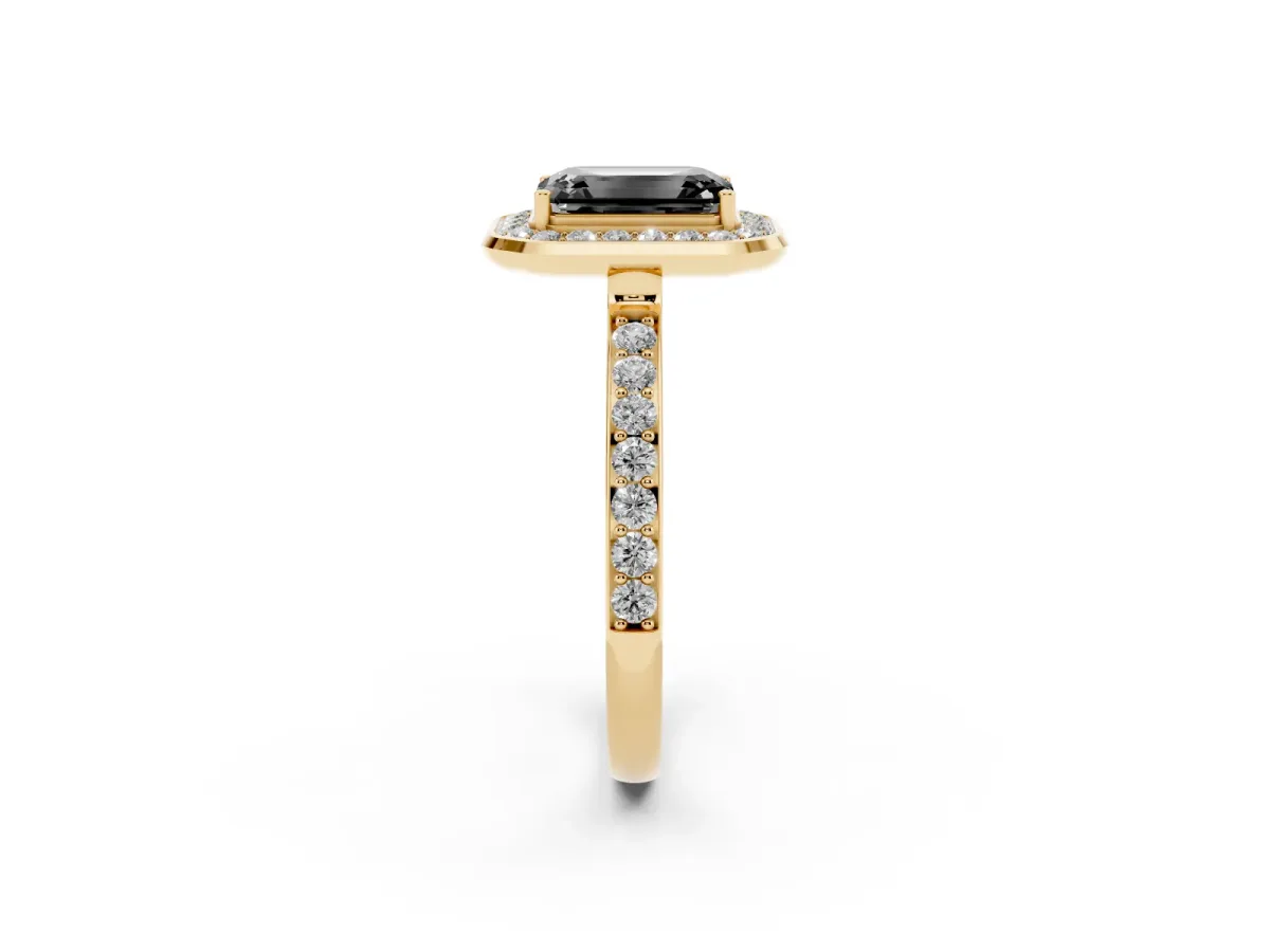 Fancy Black Emerald Cut Diamond Halo Ring with Bezel Frame and Pavé Band Yellow gold