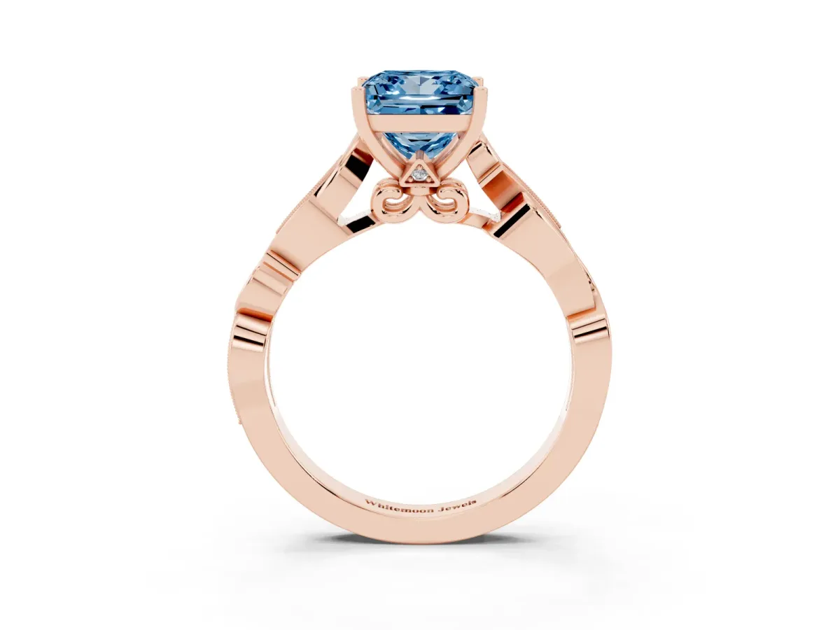 Fancy Blue Princess Cut Solitaire Vine Band with Milgrain Prong Setting Rose gold