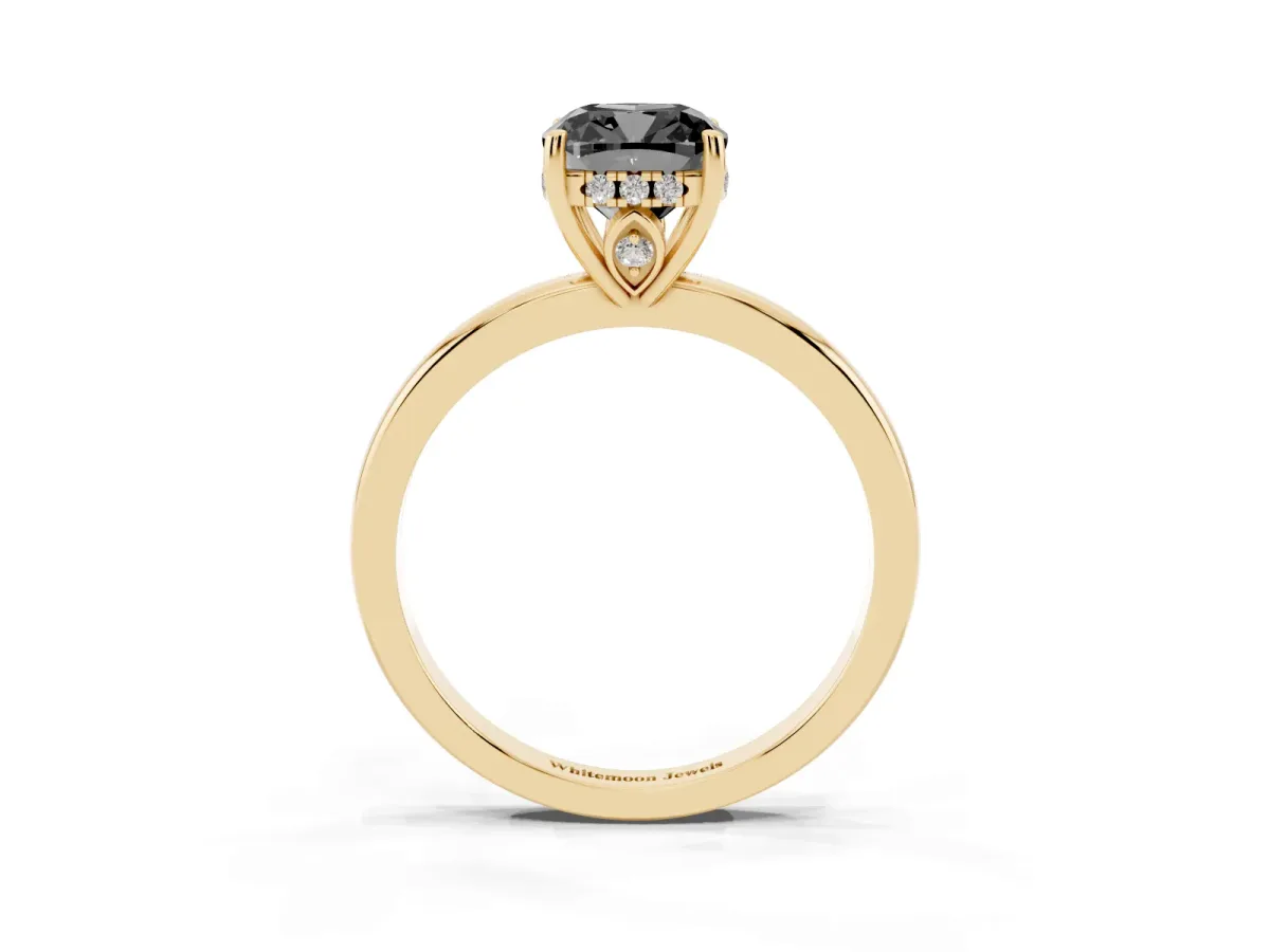 Fancy Black Cushion Cut Solitaire Diamond Ring with Prong Setting and Plain Band Yellow gold