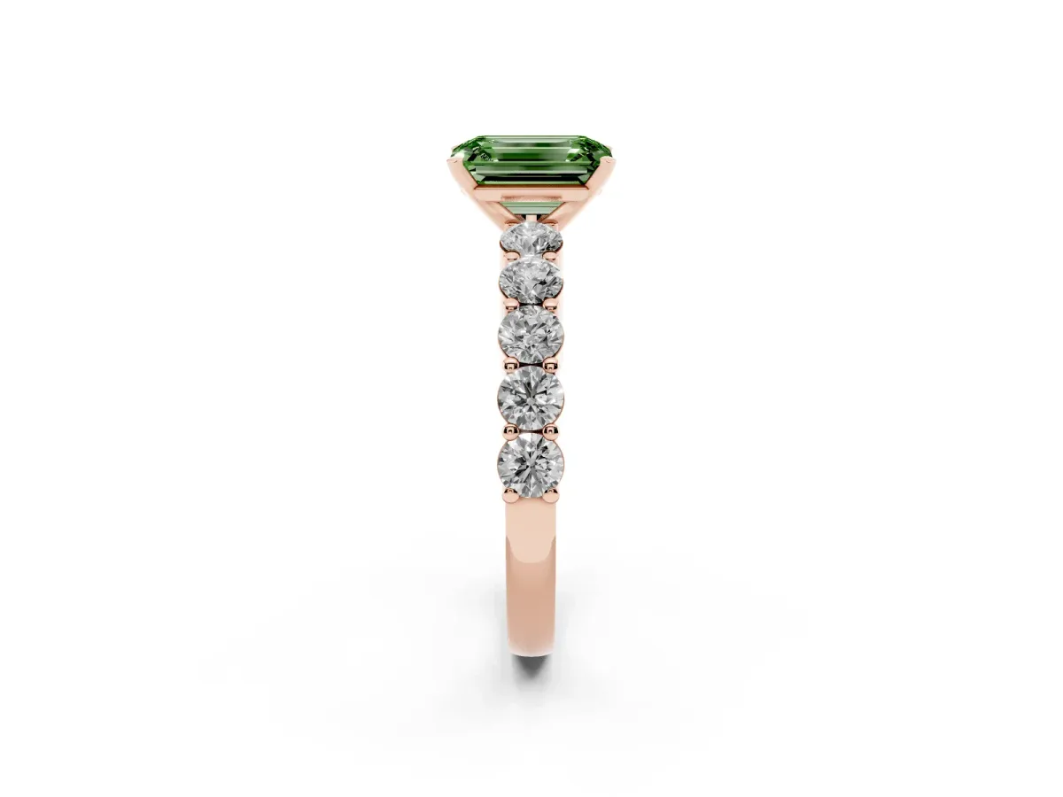 Fancy Green Emerald Cut Diamond Solitaire Ring with Shared Prong Round Side Stones Rose gold