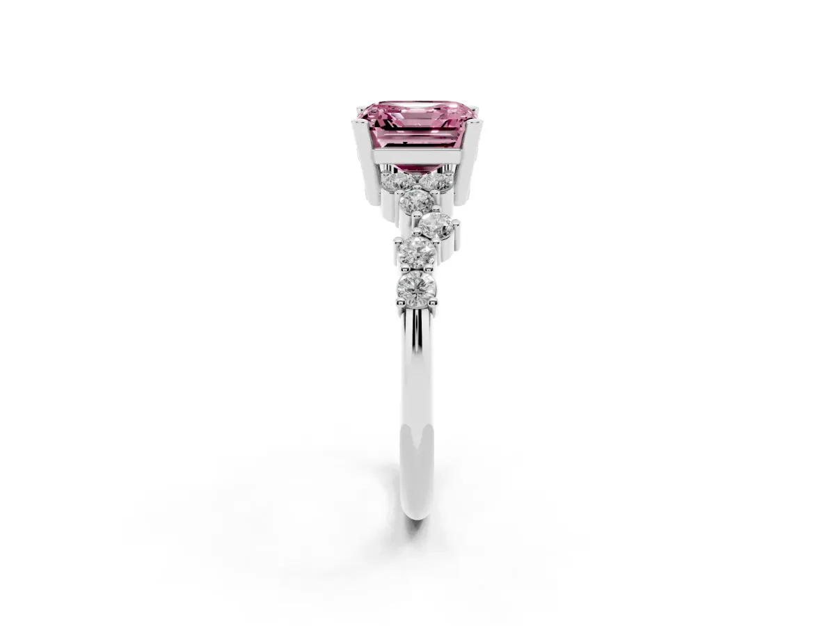 Fancy Pink Asscher Cut Diamond Scattered Round Accent Ring with Prong Setting White gold