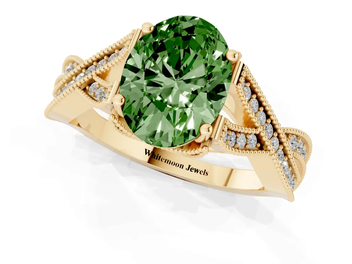 Fancy Green Oval Cut Cut Diamond Twisted Band with Milgrain Pave Setting and Four-Prong Setting Yellow gold