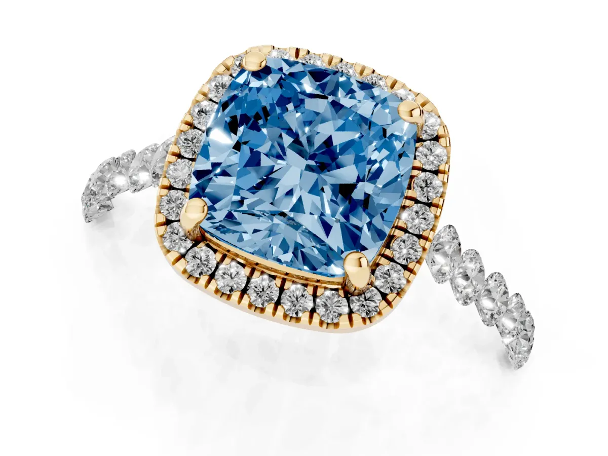 Fancy Blue Cushion Cut Halo Pavé Diamond Engagement Ring with Four-Prong Setting Yellow gold